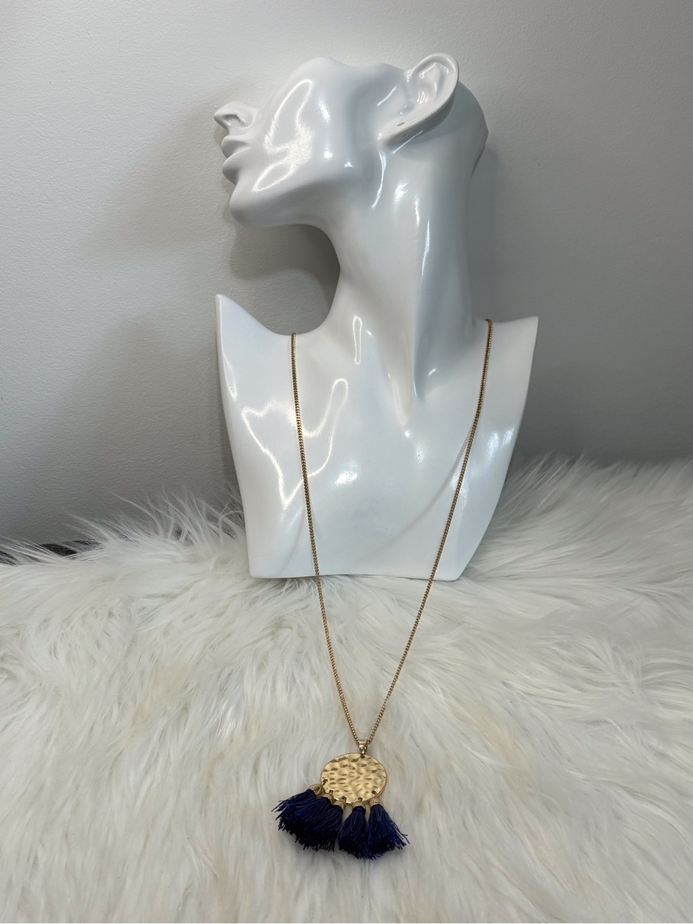 Banana Republic Gold Pendant Necklace with Navy Tassels